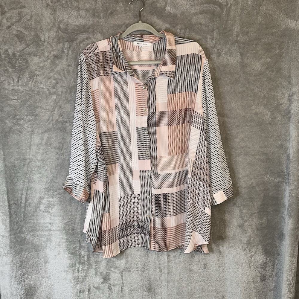 Rose and Olive Geo Patchwork Button Up Blouse Plus Size 3x Casual Office
